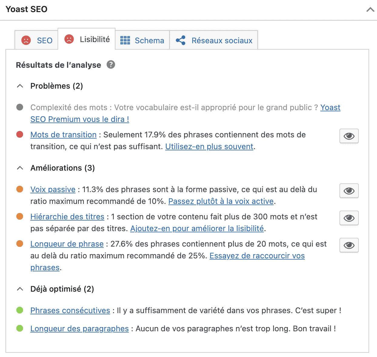 Capture d'écran des résultats d'analyse de texte par Yoast SEO 